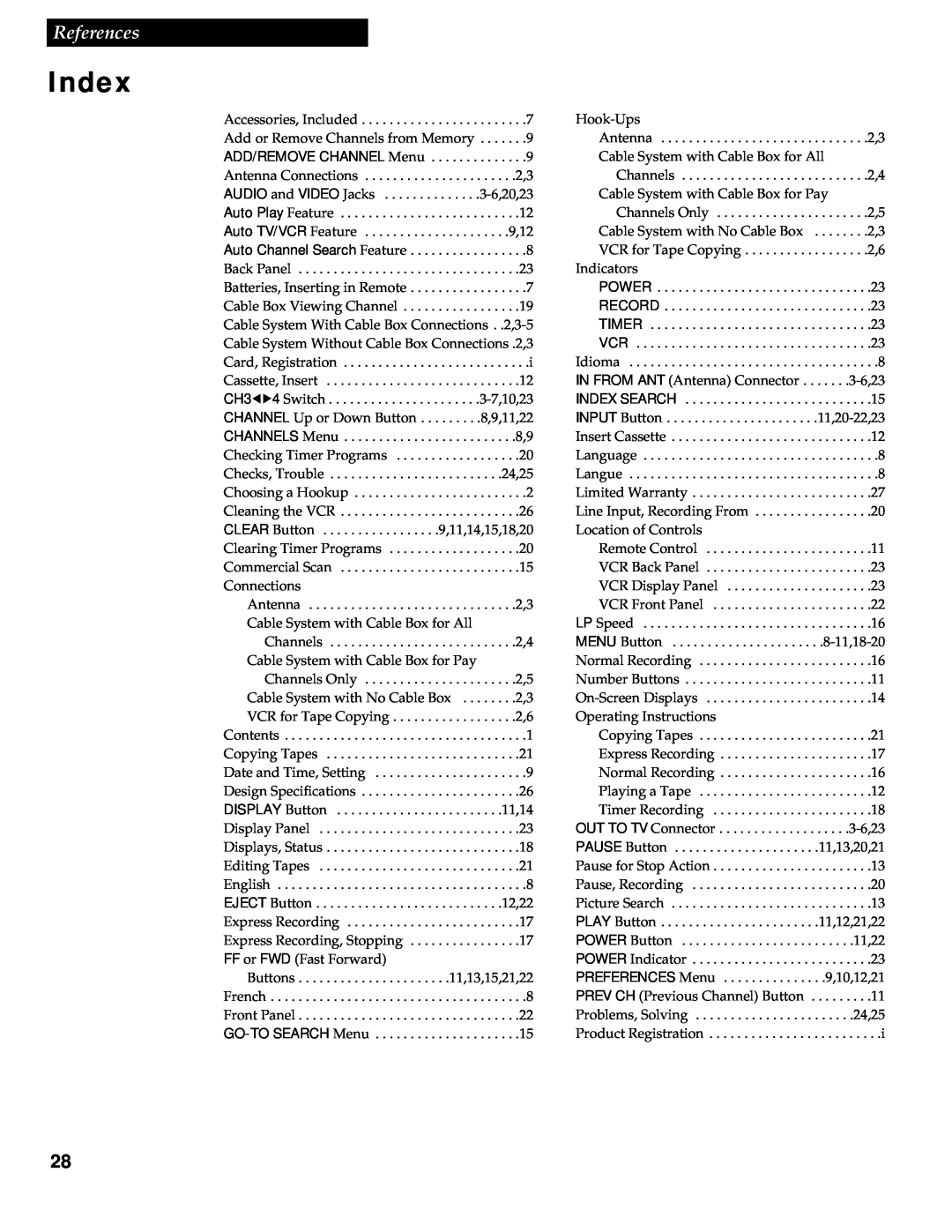 RCA VR336 manual Index, References 