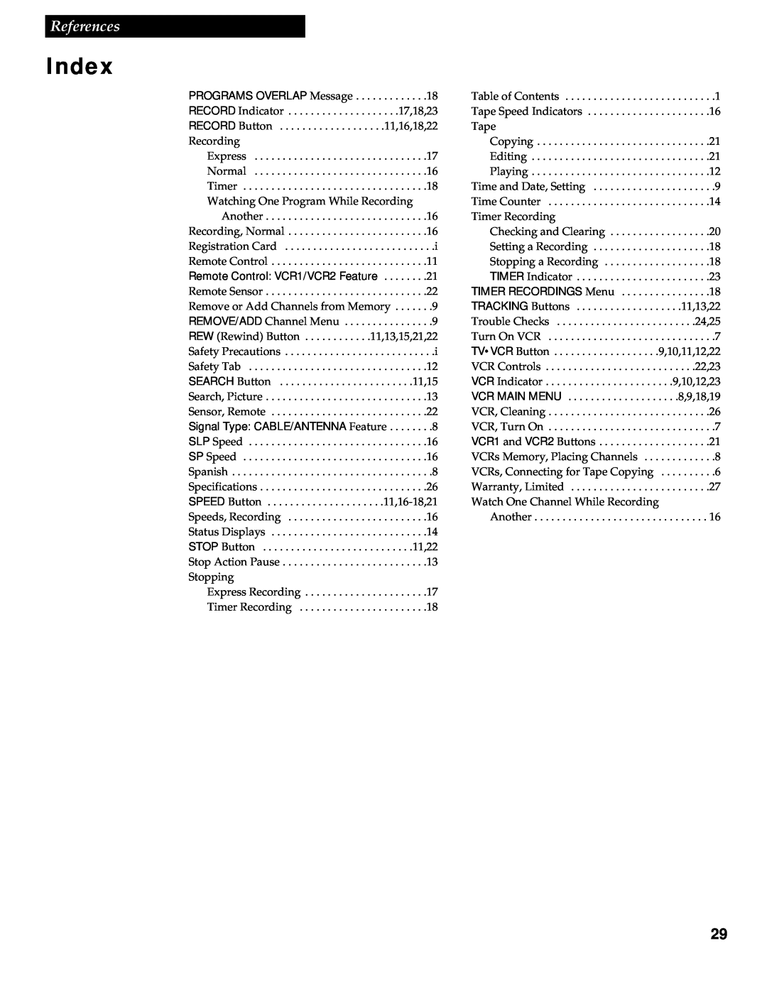 RCA VR336 manual Index, References, Table of Contents 