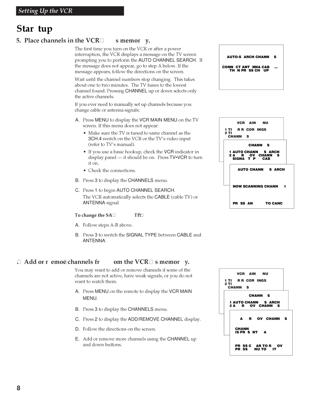 RCA VR337 Place channels in the VCR’s memory, Add or remove channels from the VCR’s memory, To change the Signal Type 