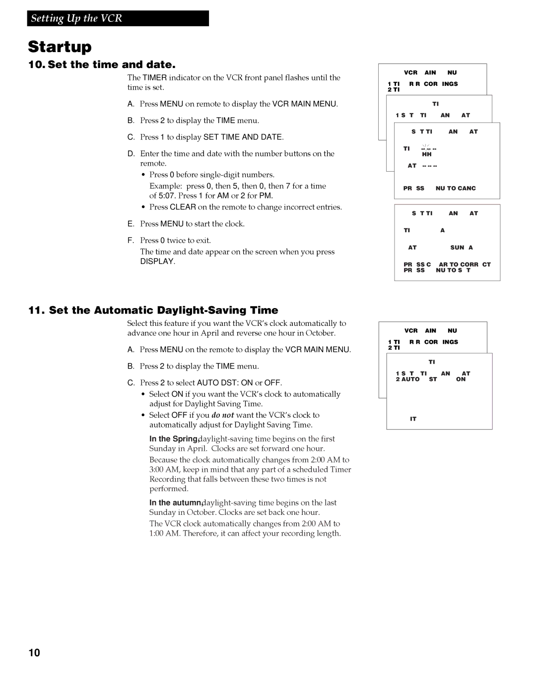 RCA VR337, VR508 manual Set the time and date, Set the Automatic Daylight-Saving Time 