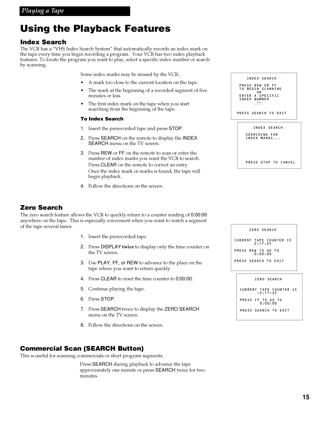 RCA VR508, VR337 manual Zero Search, Commercial Scan Search Button, To Index Search 