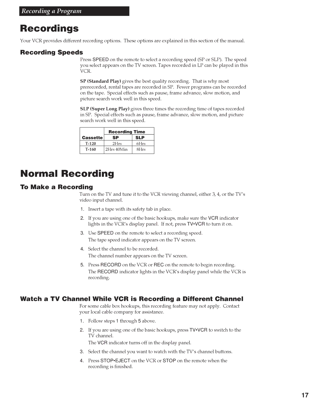 RCA VR508, VR337 manual Recordings, Normal Recording, Recording Speeds, To Make a Recording 