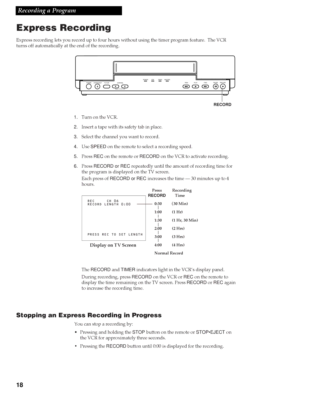 RCA VR337, VR508 manual Stopping an Express Recording in Progress, Display on TV Screen 