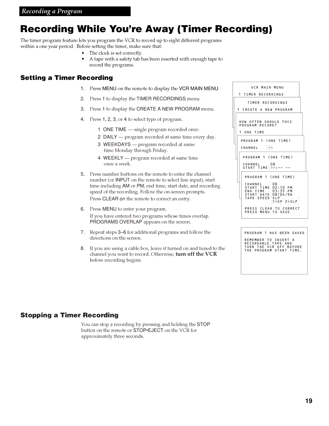 RCA VR508, VR337 manual Recording While You’re Away Timer Recording, Setting a Timer Recording, Stopping a Timer Recording 