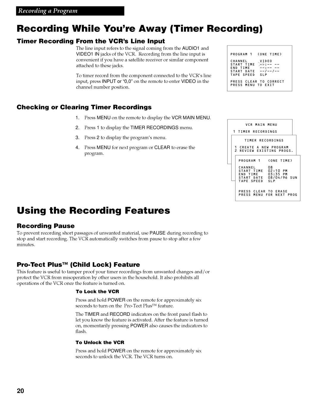 RCA VR337 Using the Recording Features, Timer Recording From the VCR’s Line Input, Checking or Clearing Timer Recordings 