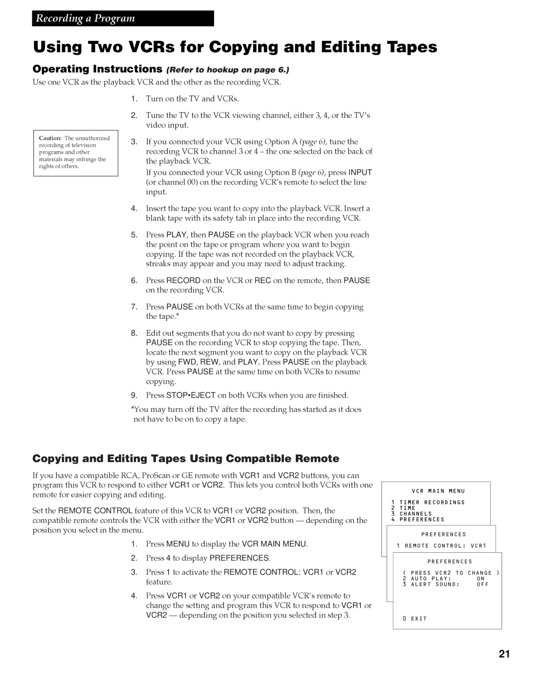 RCA VR508, VR337 manual Using Two VCRs for Copying and Editing Tapes, Copying and Editing Tapes Using Compatible Remote 