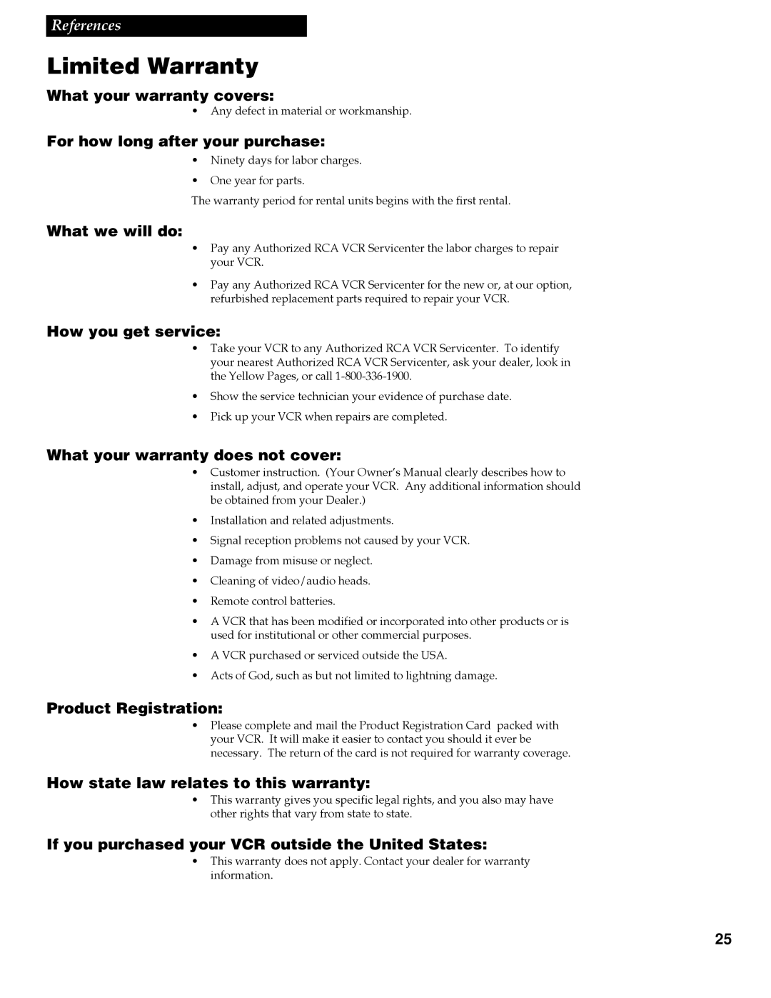 RCA VR508, VR337 manual Limited Warranty 