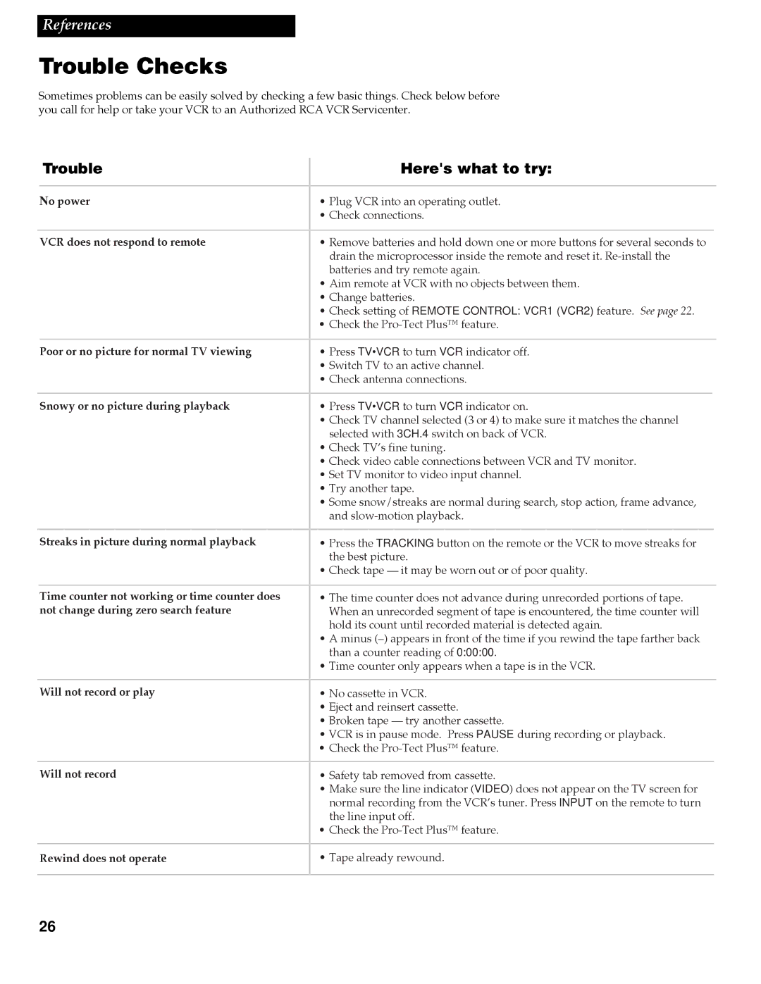 RCA VR337, VR508 manual Trouble Checks, Trouble Heres what to try 