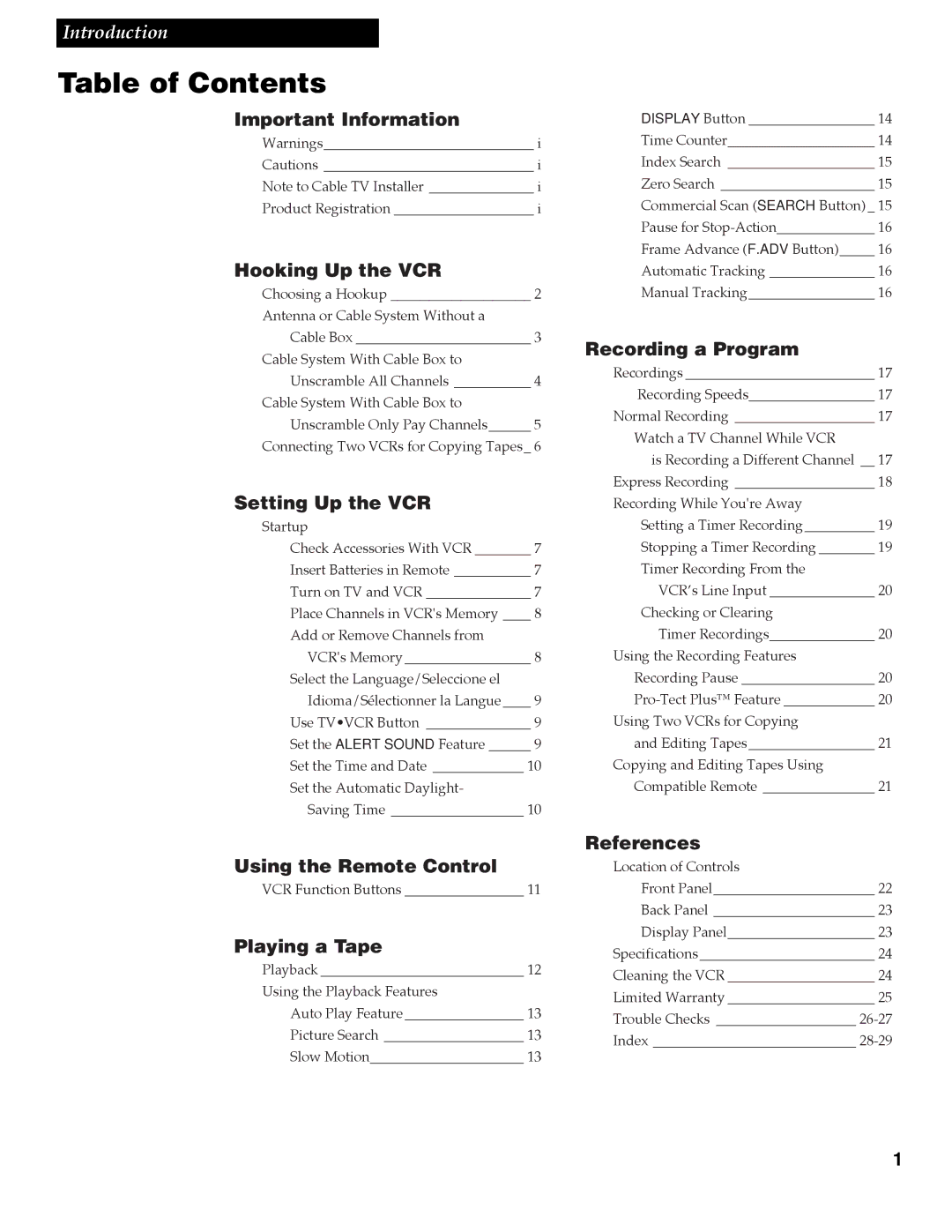 RCA VR508, VR337 manual Table of Contents 