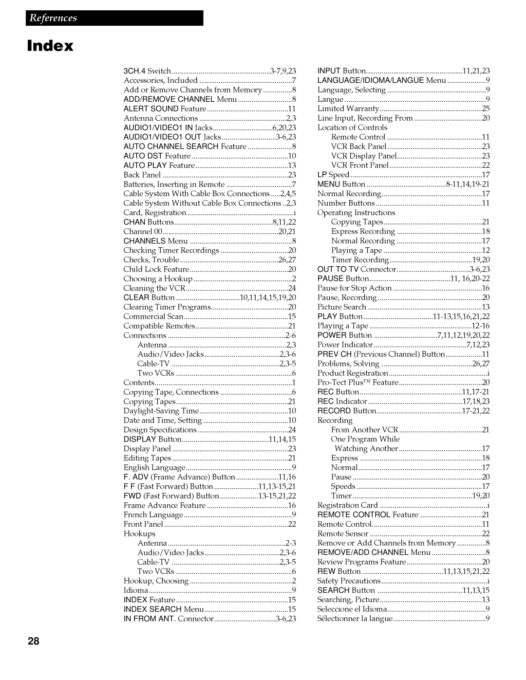 RCA VR337, VR508 manual Index, 3CH.4 Switch 