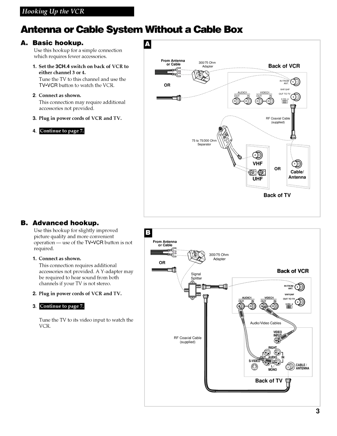 RCA VR508, VR337 manual Antenna or Cable System Without a Cable Box, Basic hookup, Advanced hookup, Back of VCR, Back of TV 