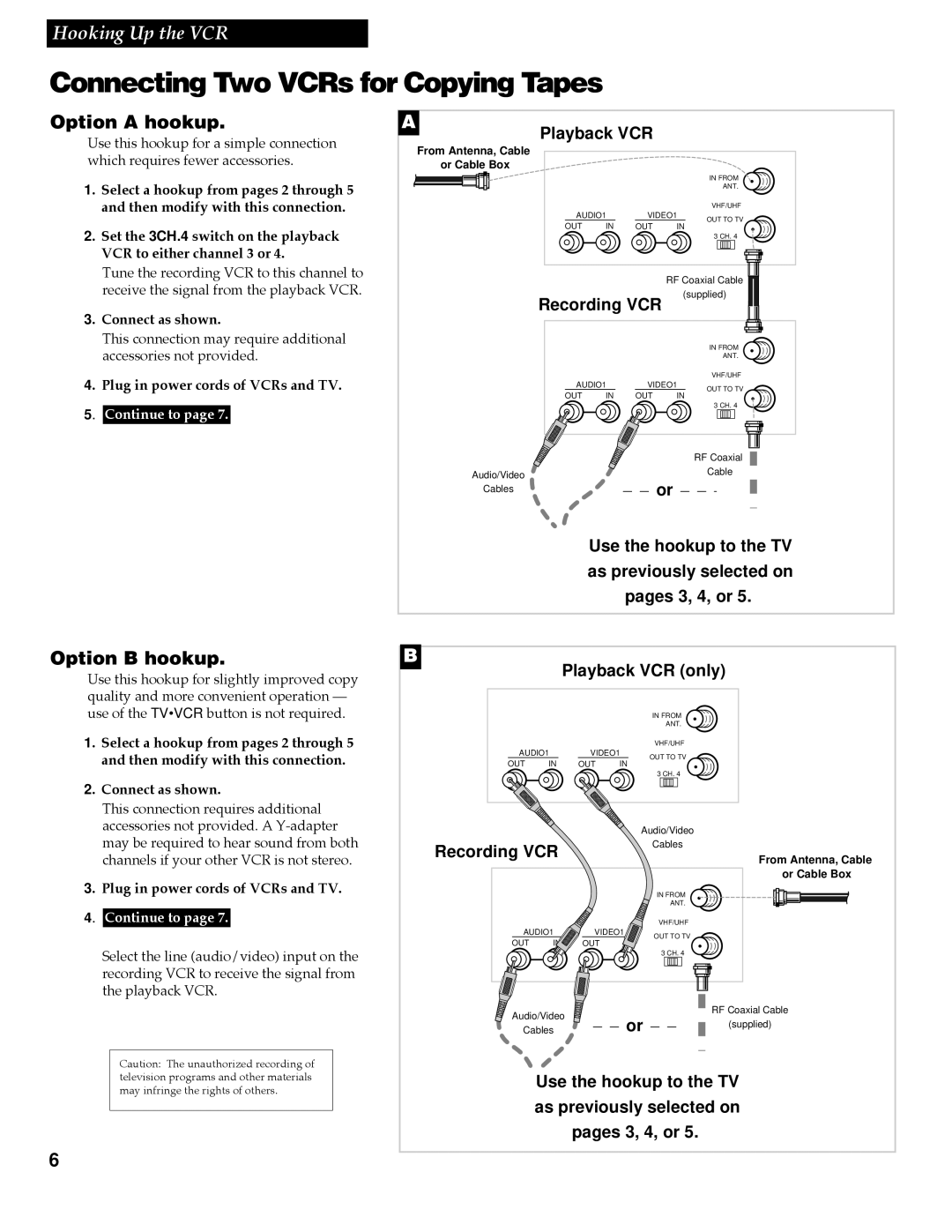 RCA VR337, VR508 manual Connecting Two VCRs for Copying Tapes, Option a hookup, Option B hookup 