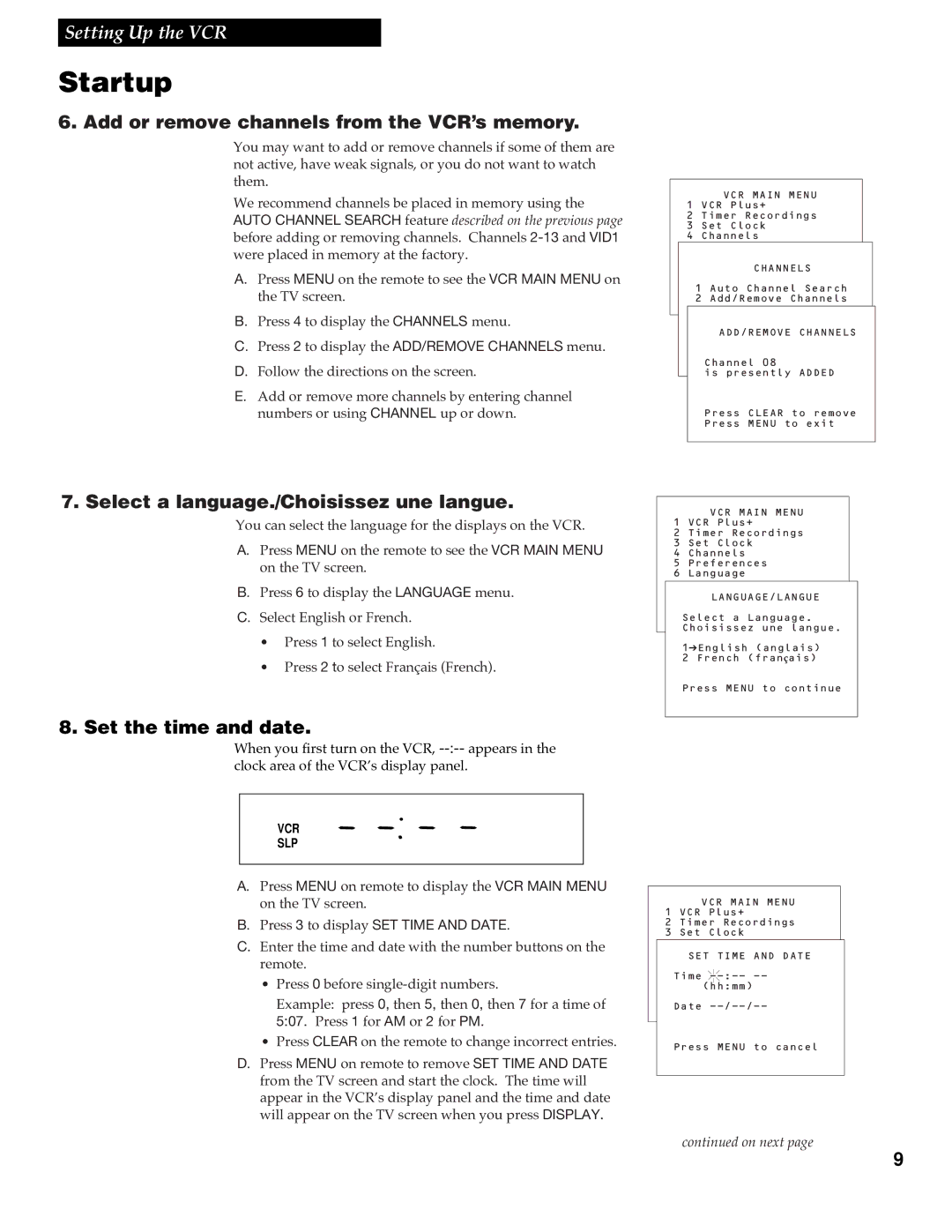 RCA VR348 Add or remove channels from the VCR’s memory, Select a language./Choisissez une langue, Set the time and date 