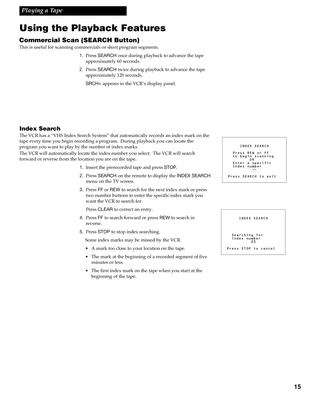 RCA VR348 manual Commercial Scan Search Button, Index Search 