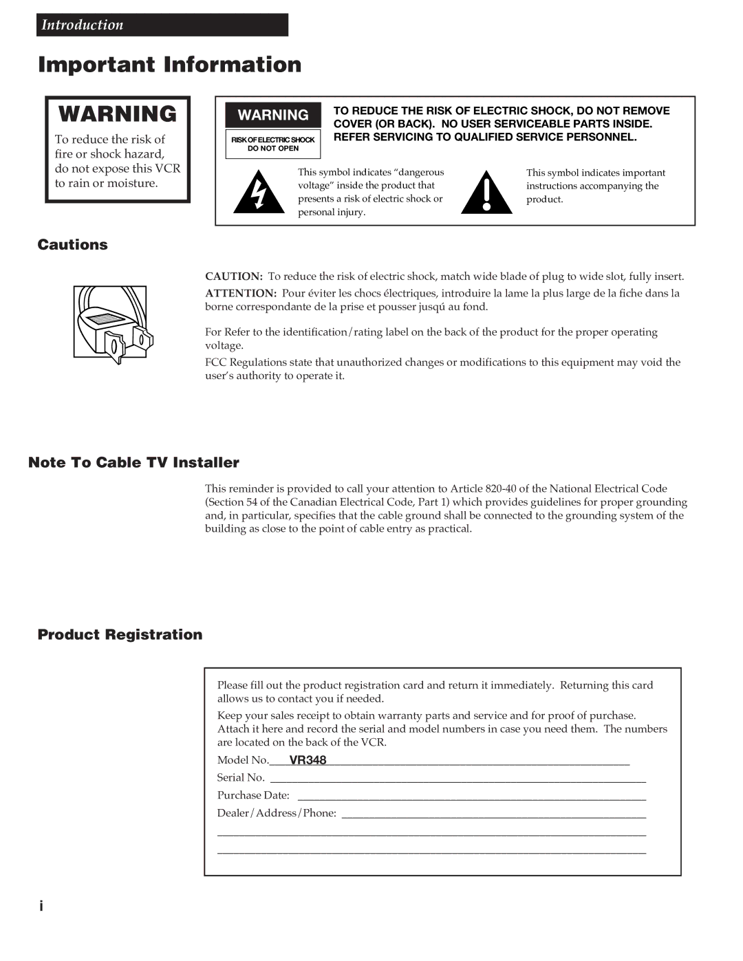 RCA VR348 manual Important Information, Product Registration 