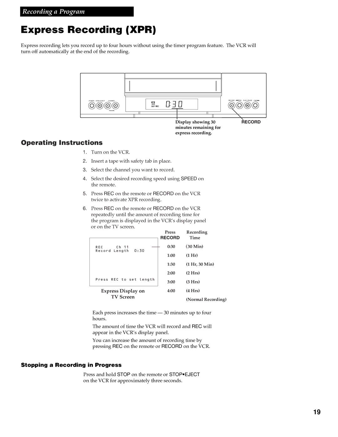 RCA VR348 manual Express Recording XPR, Operating Instructions, Express Display on TV Screen 