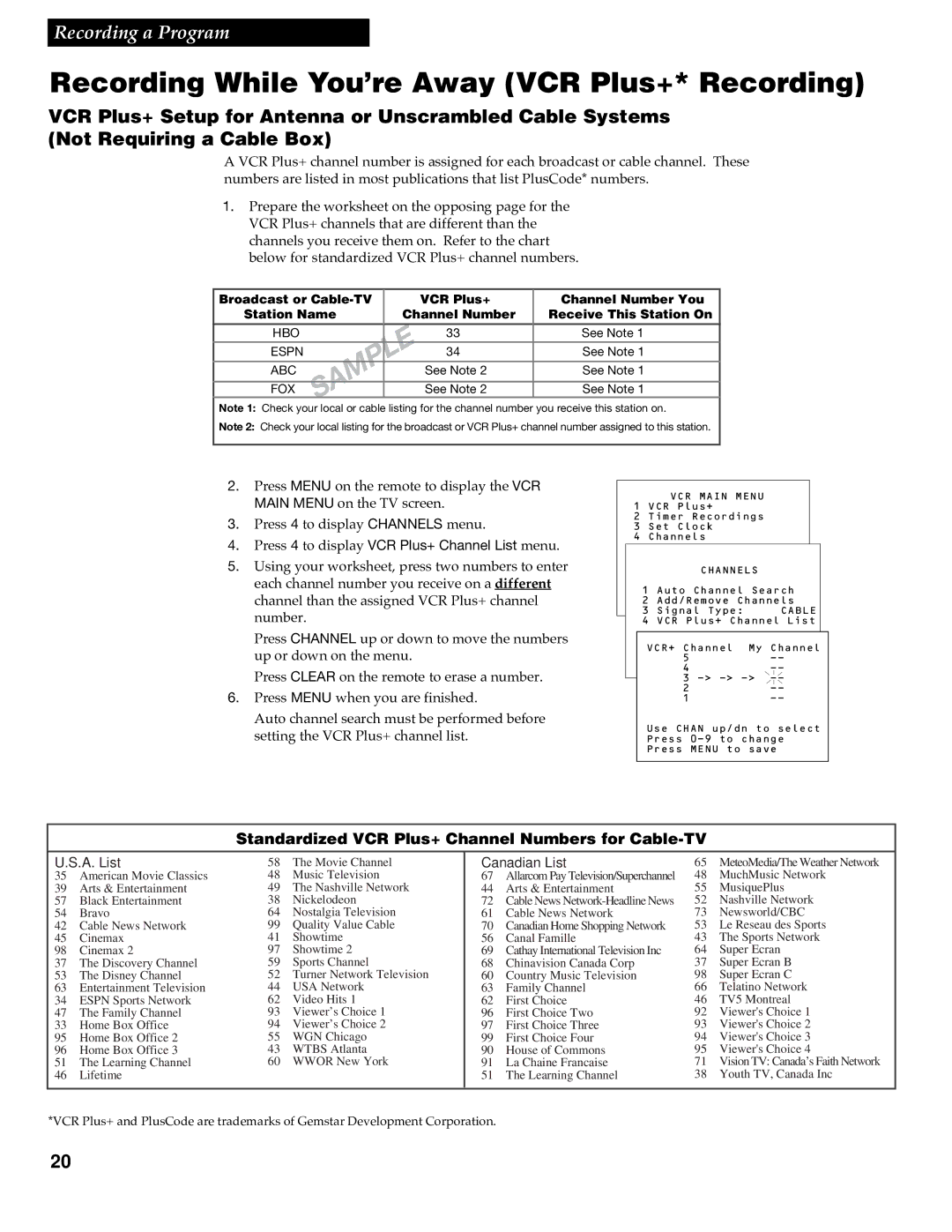 RCA VR348 manual Recording While You’re Away VCR Plus+* Recording, Standardized VCR Plus+ Channel Numbers for Cable-TV 