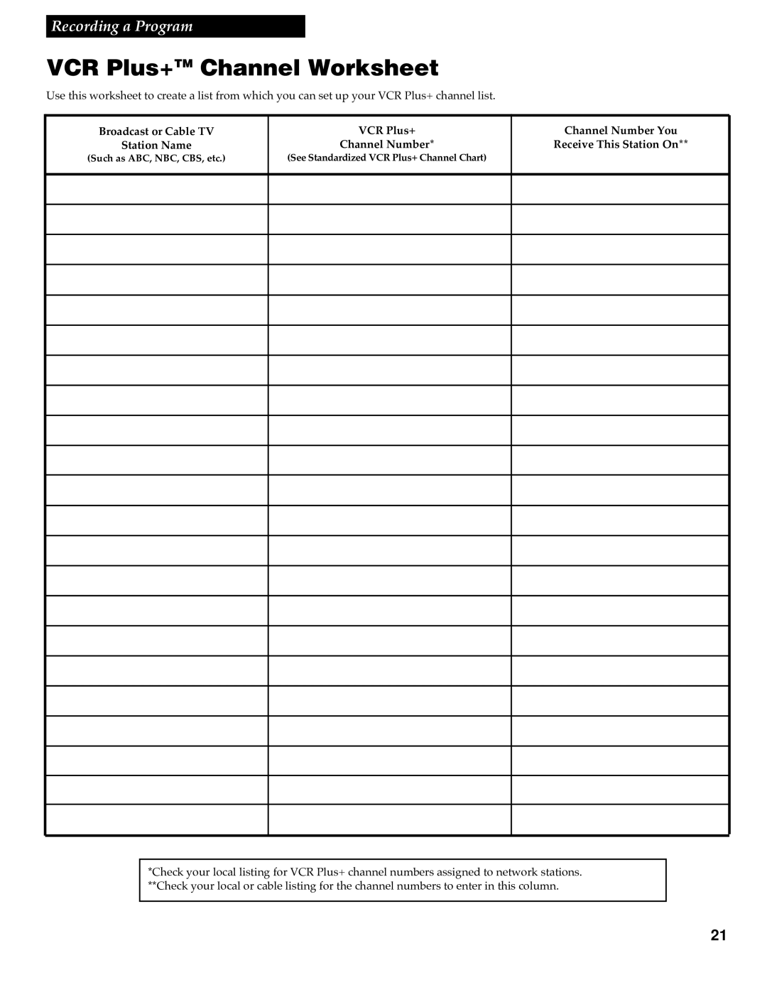 RCA VR348 manual VCR Plus+TM Channel Worksheet, Broadcast or Cable TV Station Name, VCR Plus+ Channel Number 