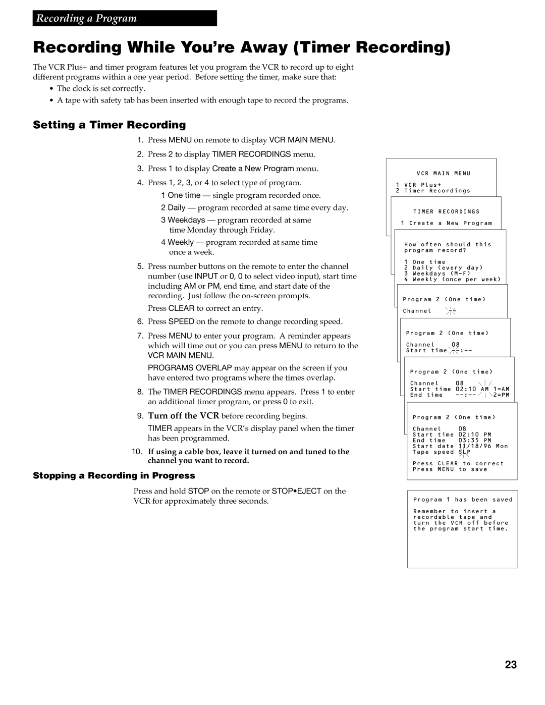 RCA VR348 manual Recording While You’re Away Timer Recording, Setting a Timer Recording 