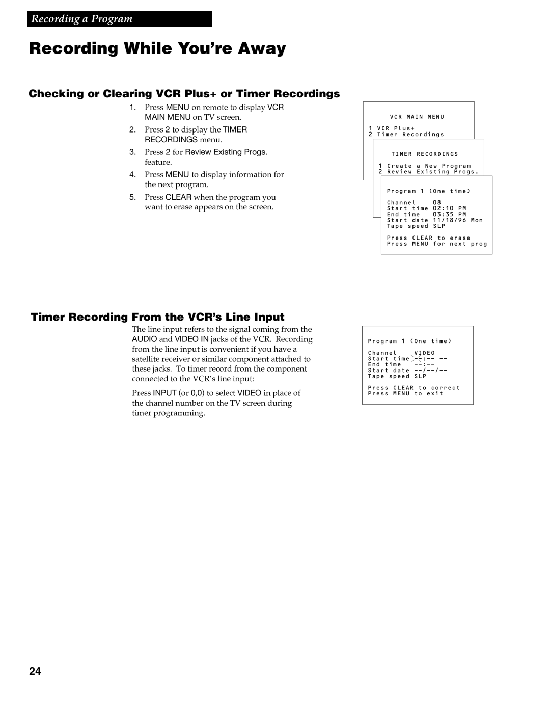 RCA VR348 manual Recording While You’re Away, Checking or Clearing VCR Plus+ or Timer Recordings 