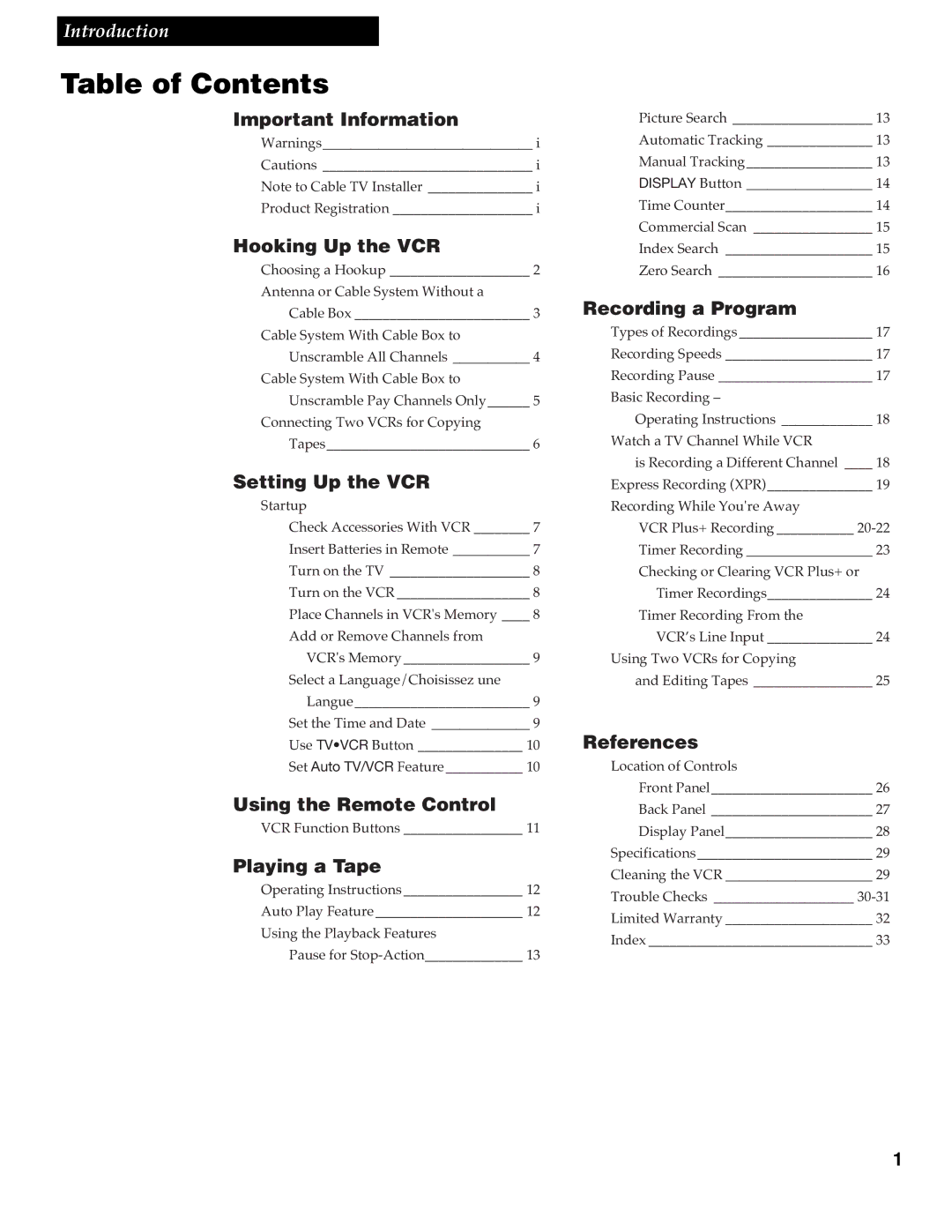 RCA VR348 manual Table of Contents 