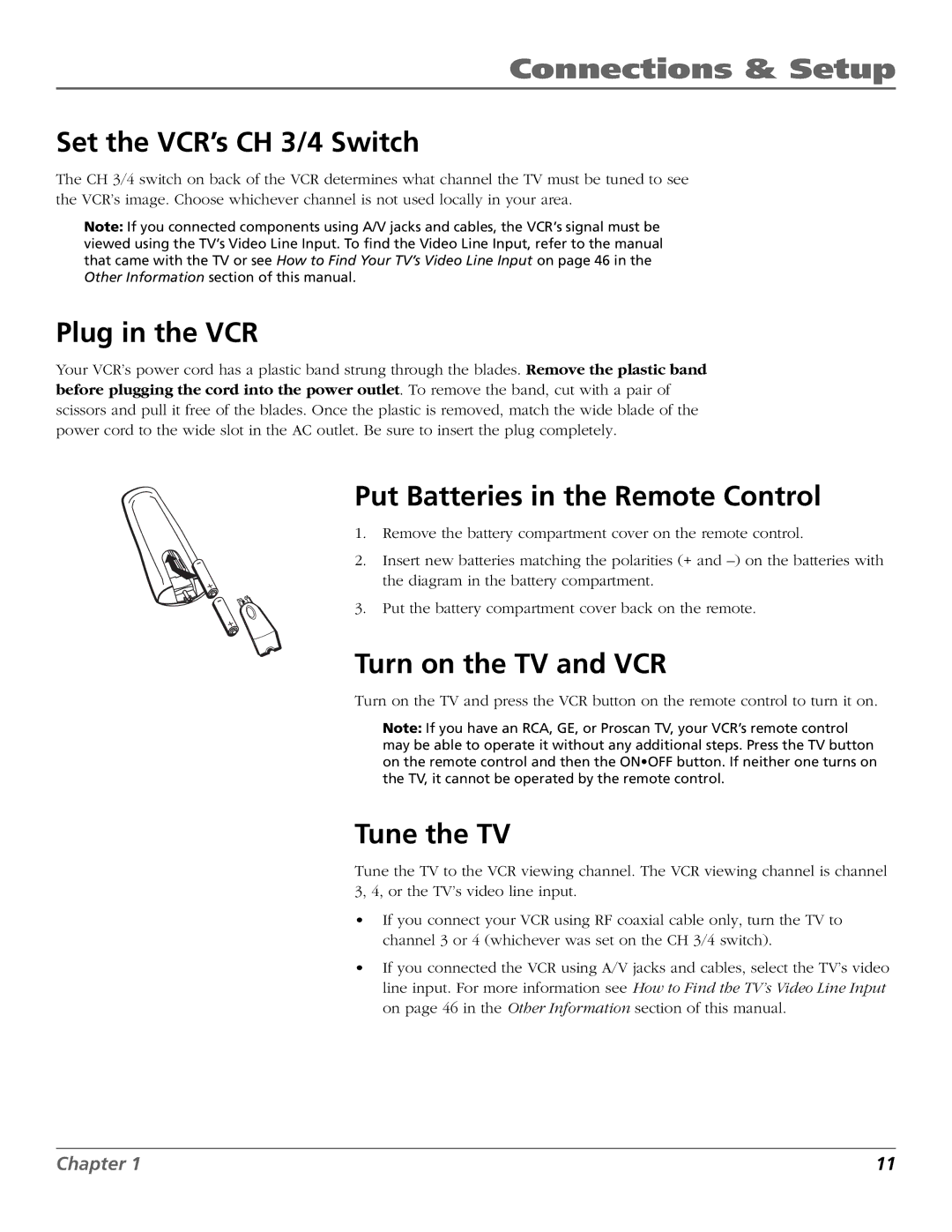 RCA VR355/VR545 Set the VCR’s CH 3/4 Switch, Plug in the VCR, Put Batteries in the Remote Control, Turn on the TV and VCR 