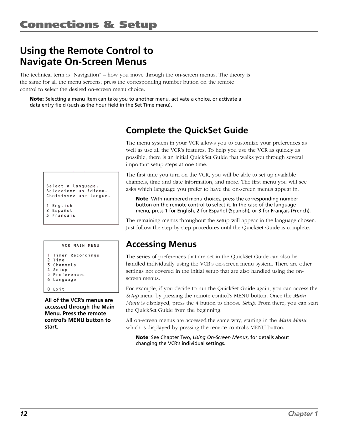 RCA VR355/VR545 manual Using the Remote Control to Navigate On-Screen Menus, Complete the QuickSet Guide, Accessing Menus 