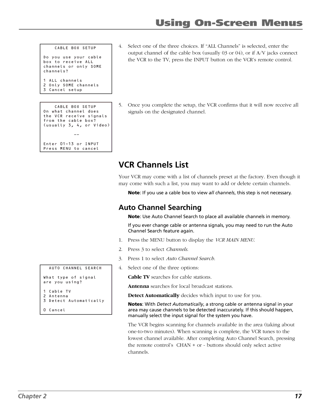 RCA VR355/VR545 manual VCR Channels List, Auto Channel Searching 