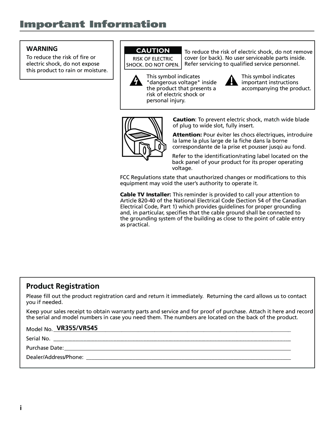 RCA VR355/VR545 manual Important Information, Product Registration 