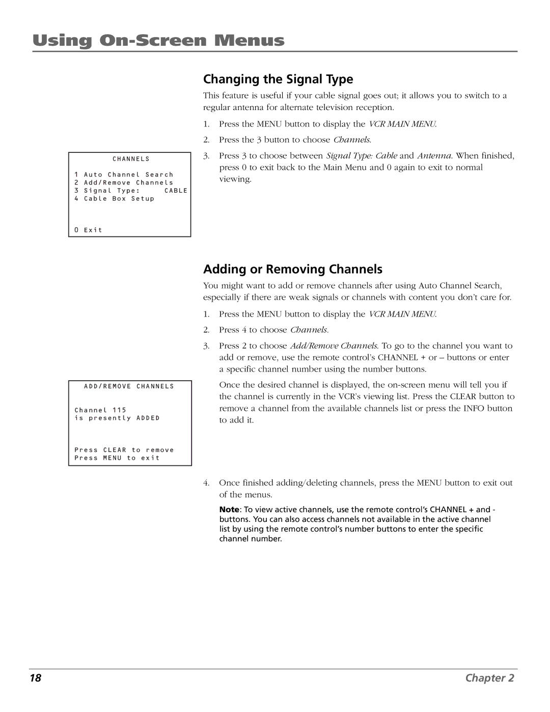 RCA VR355/VR545 manual Changing the Signal Type, Adding or Removing Channels 