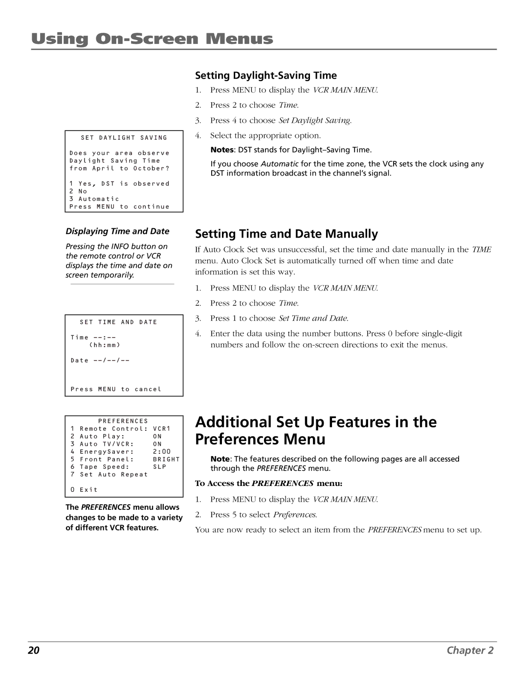 RCA VR355/VR545 manual Additional Set Up Features in the Preferences Menu, Setting Time and Date Manually 