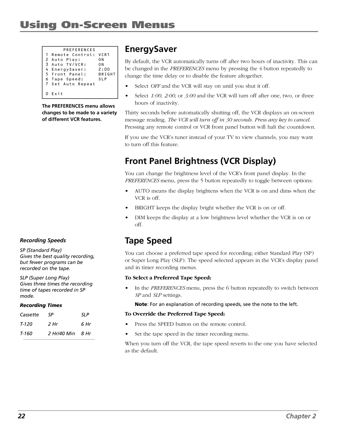 RCA VR355/VR545 manual EnergySaver, Front Panel Brightness VCR Display, To Select a Preferred Tape Speed 