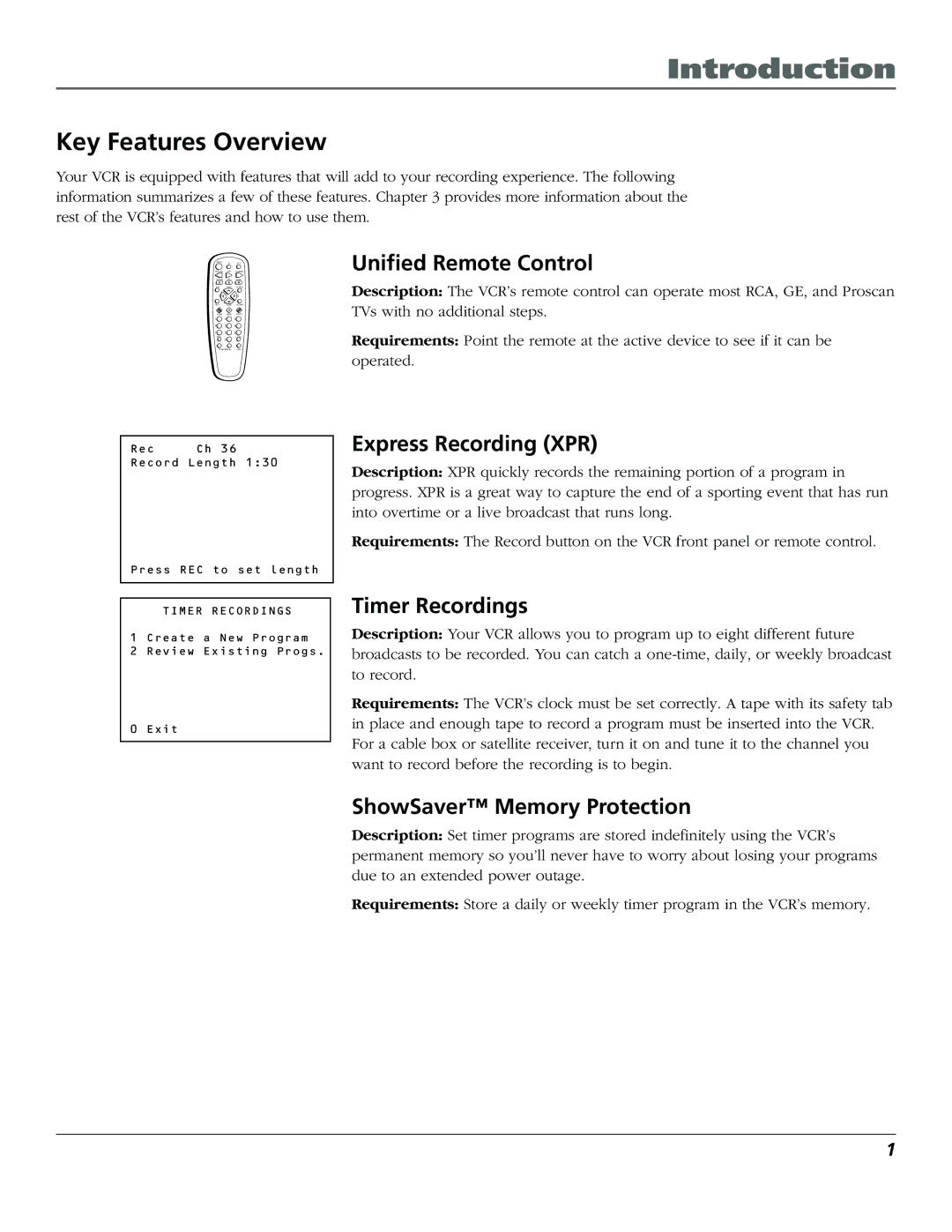 RCA VR355/VR545 manual Introduction, Key Features Overview 