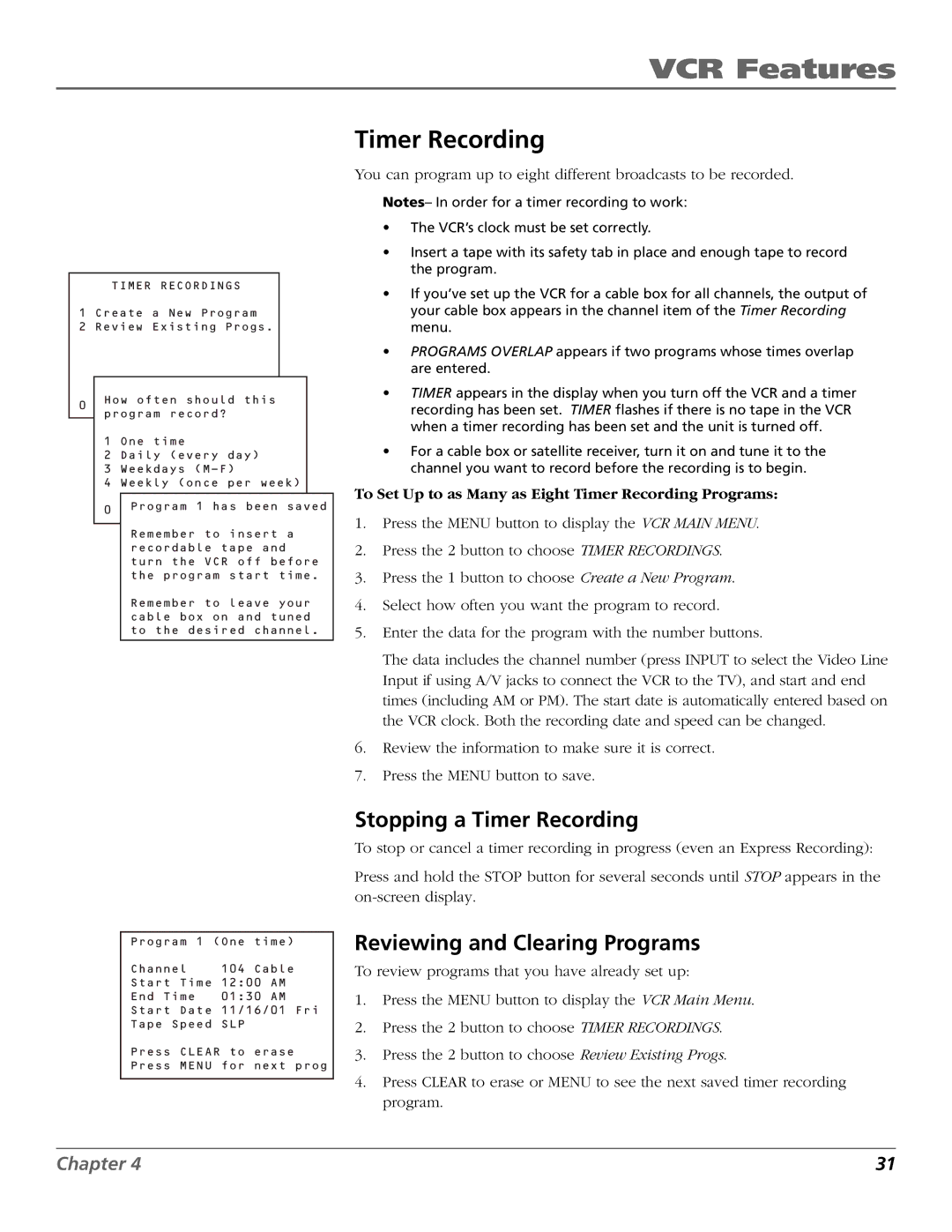 RCA VR355/VR545 manual Stopping a Timer Recording, Reviewing and Clearing Programs 