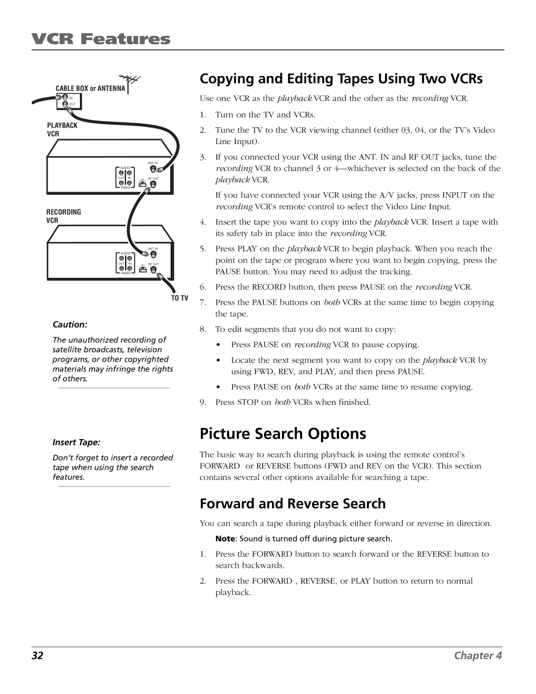 RCA VR355/VR545 manual Picture Search Options, Copying and Editing Tapes Using Two VCRs, Forward and Reverse Search 