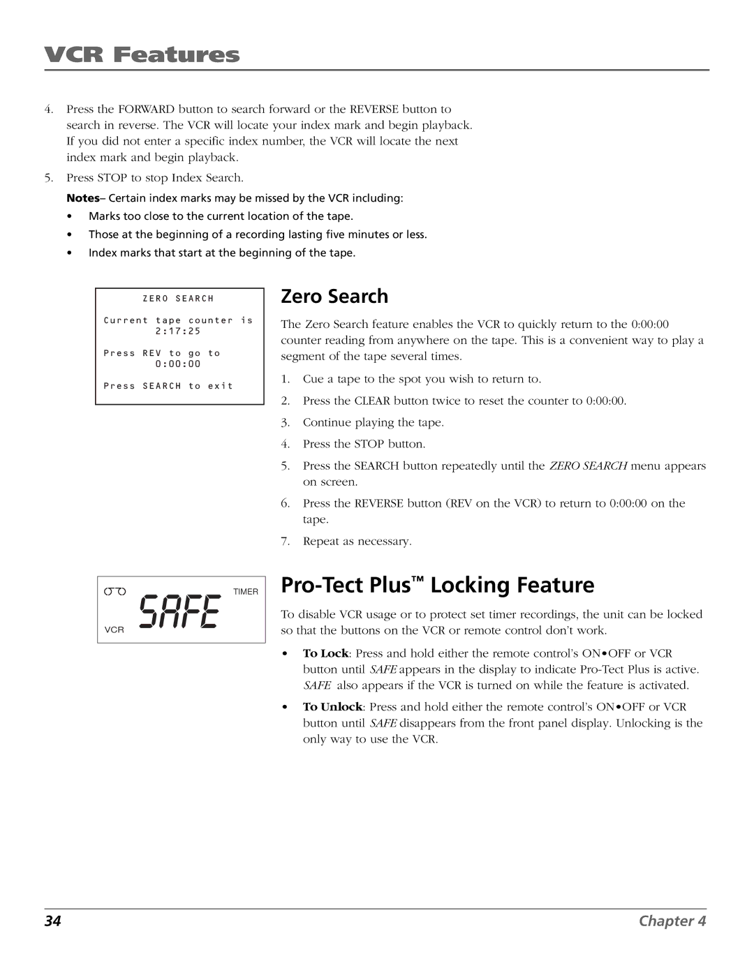 RCA VR355/VR545 manual Pro-Tect Plus Locking Feature, Zero Search 