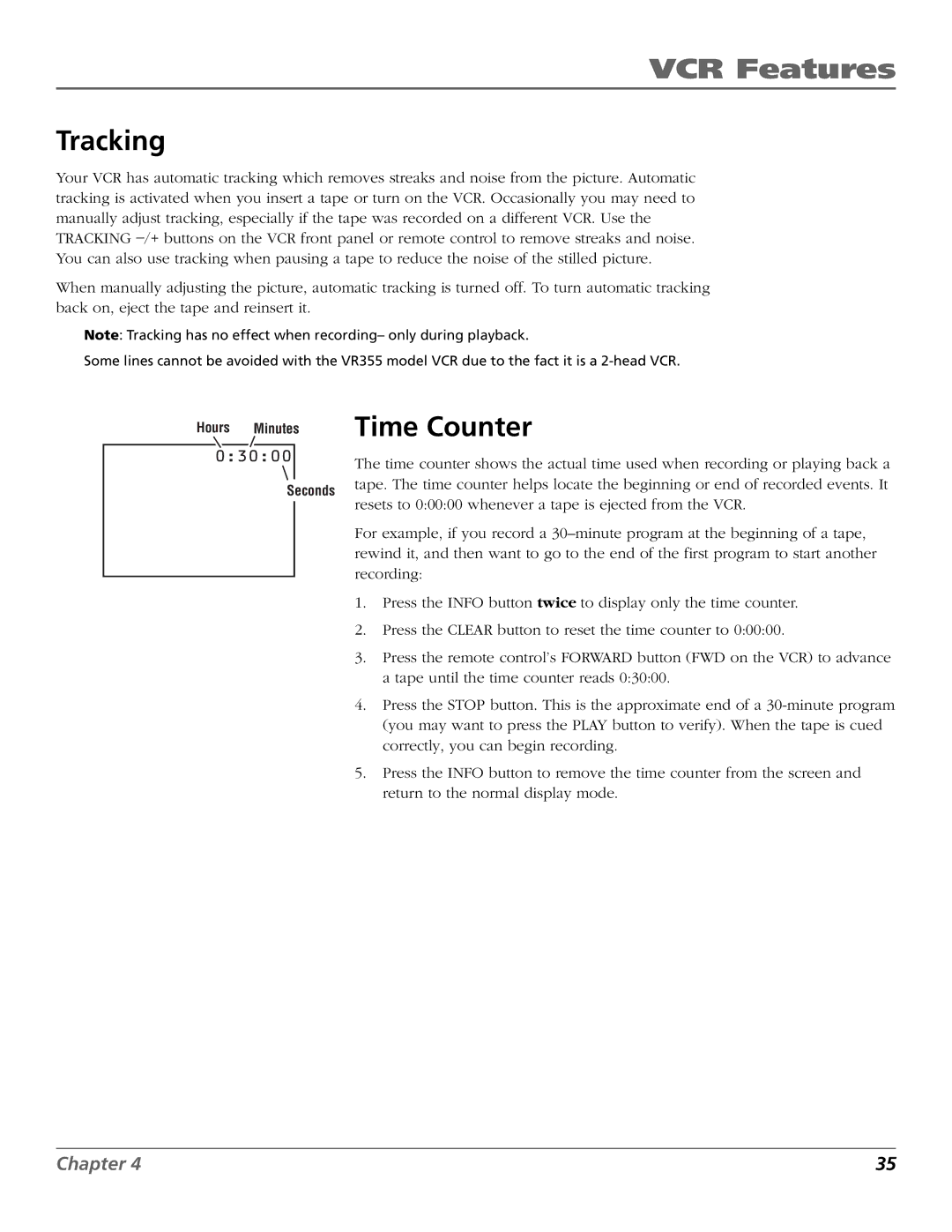 RCA VR355/VR545 manual Tracking, Time Counter 