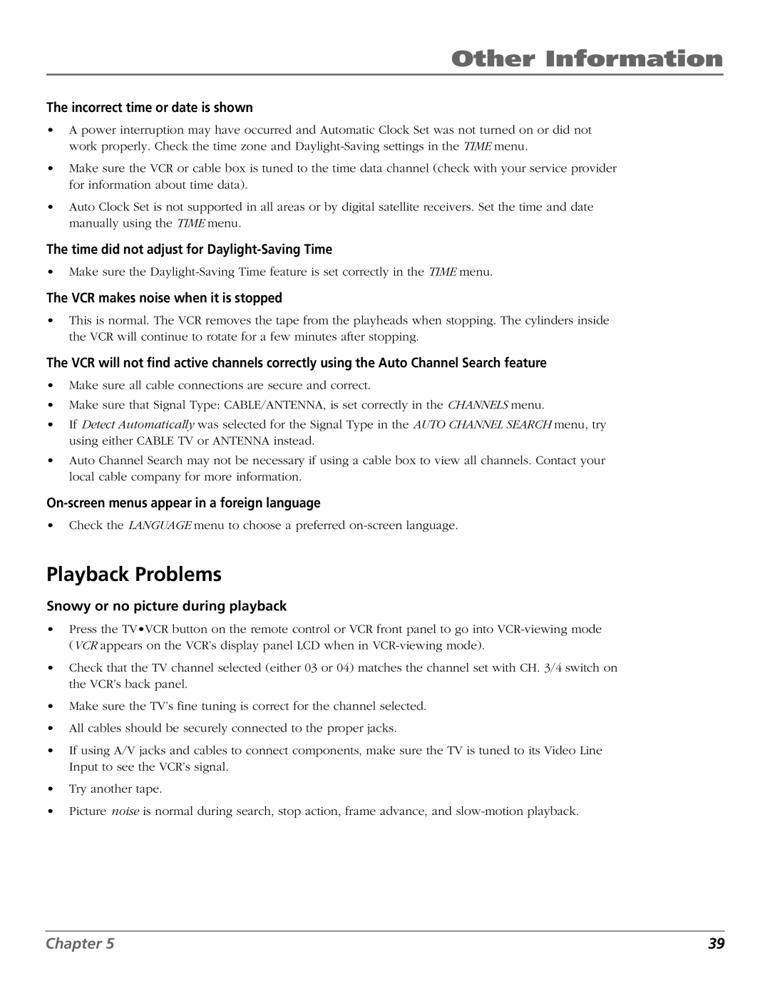 RCA VR355/VR545 manual Playback Problems, Incorrect time or date is shown 