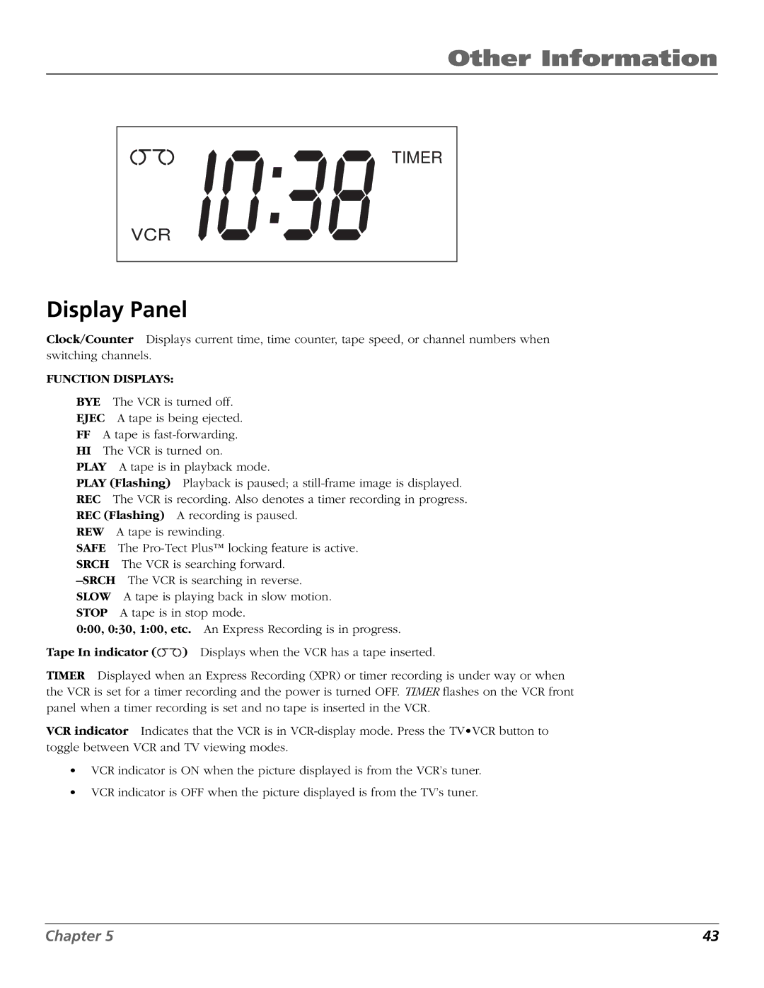 RCA VR355/VR545 manual Display Panel, Function Displays 