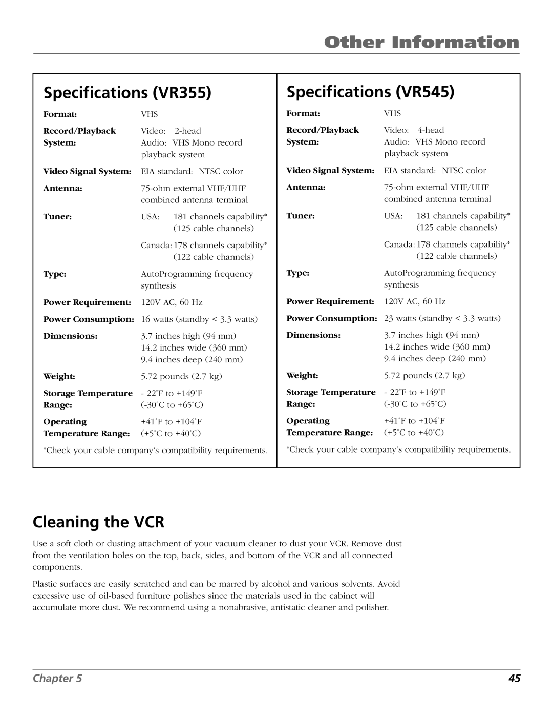 RCA VR355/VR545 manual Specifications VR355, Specifications VR545, Cleaning the VCR 