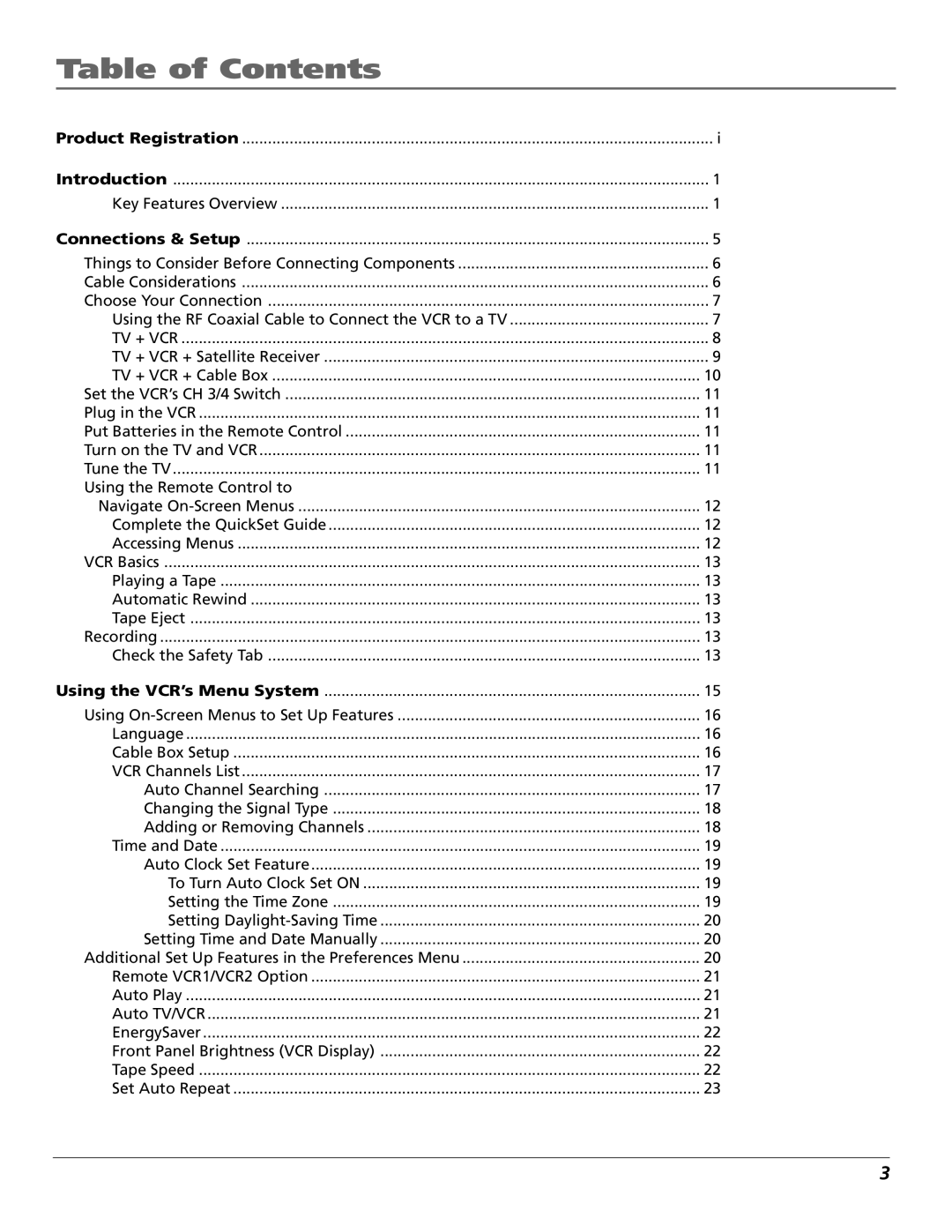 RCA VR355/VR545 manual Table of Contents 