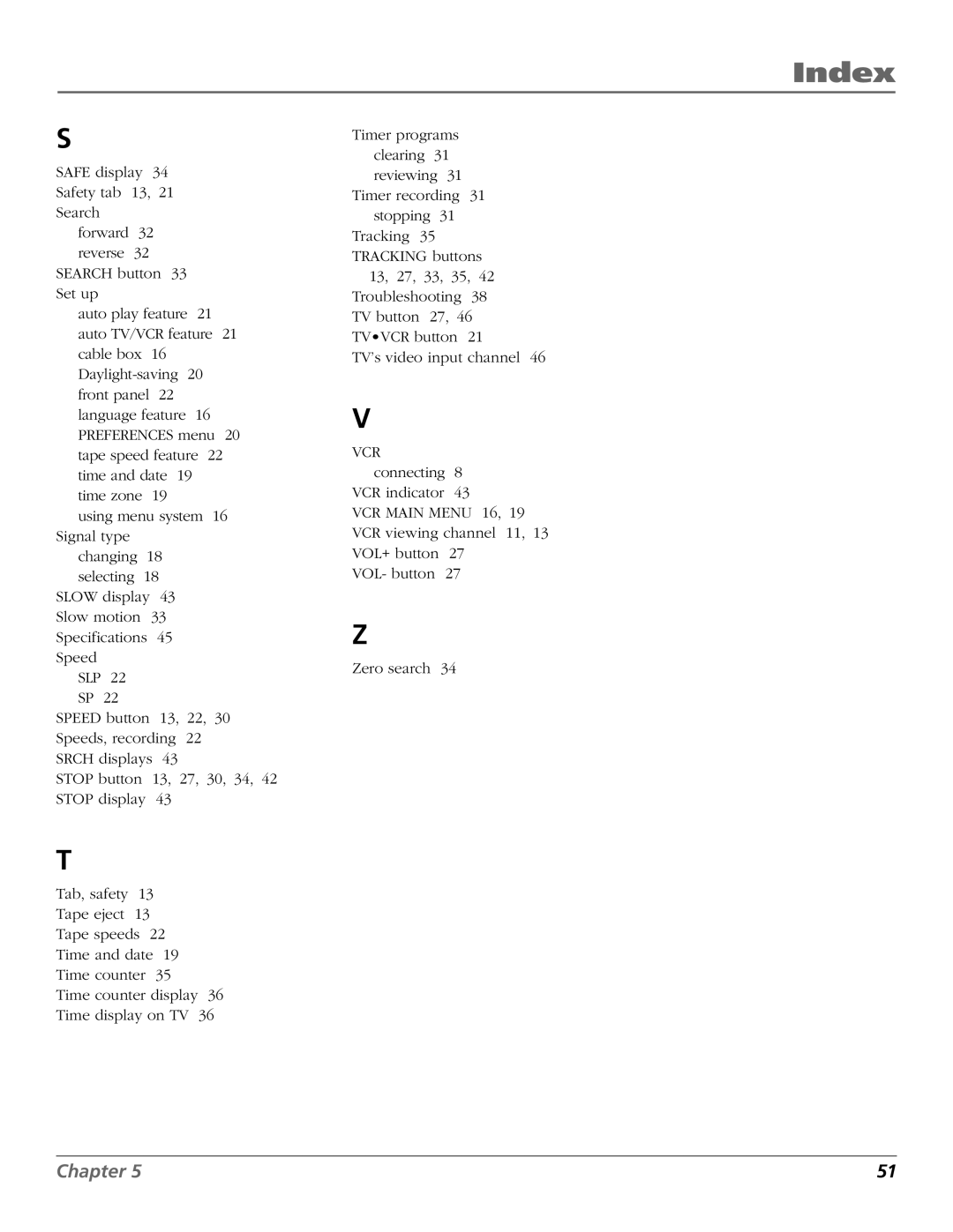 RCA VR355/VR545 manual Index 