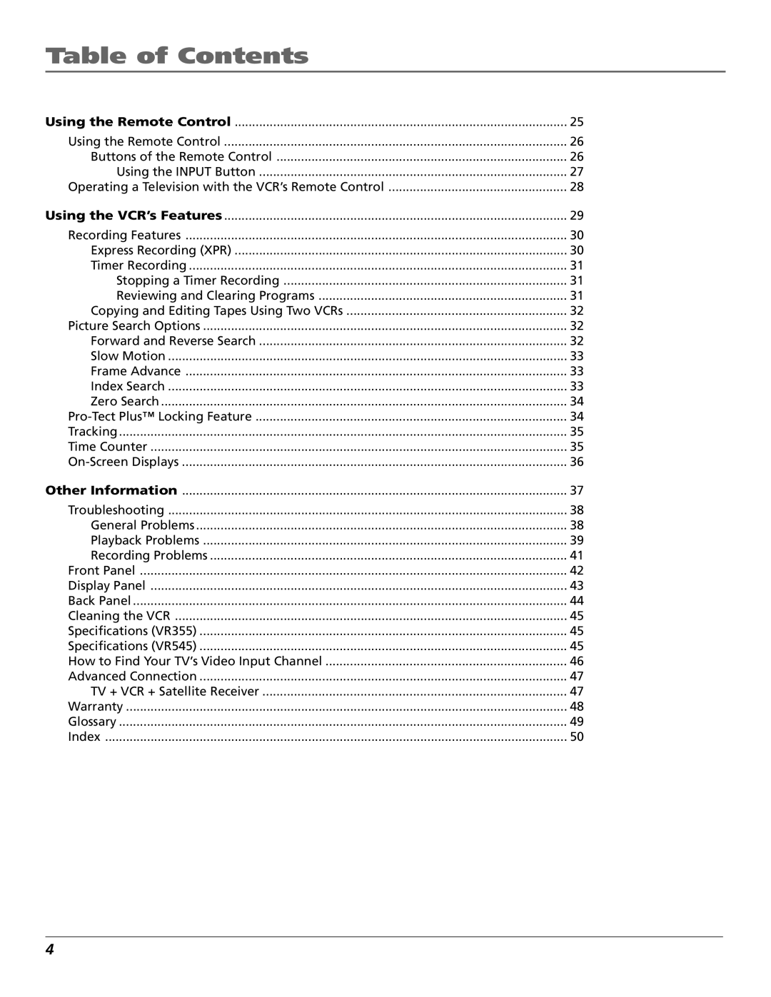 RCA VR355/VR545 manual Using the VCR’s Features Recording Features 