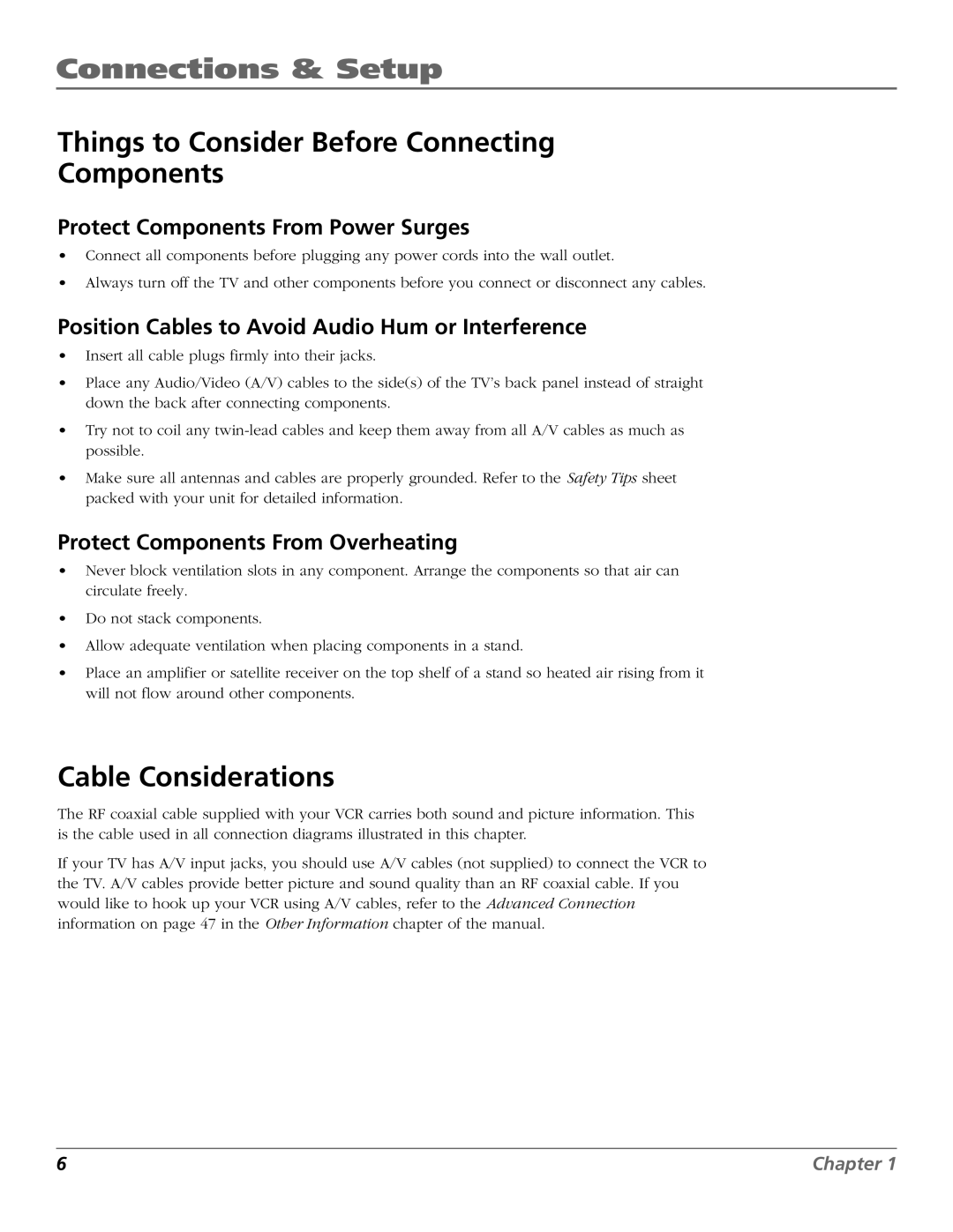 RCA VR355/VR545 manual Connections & Setup, Things to Consider Before Connecting Components, Cable Considerations 