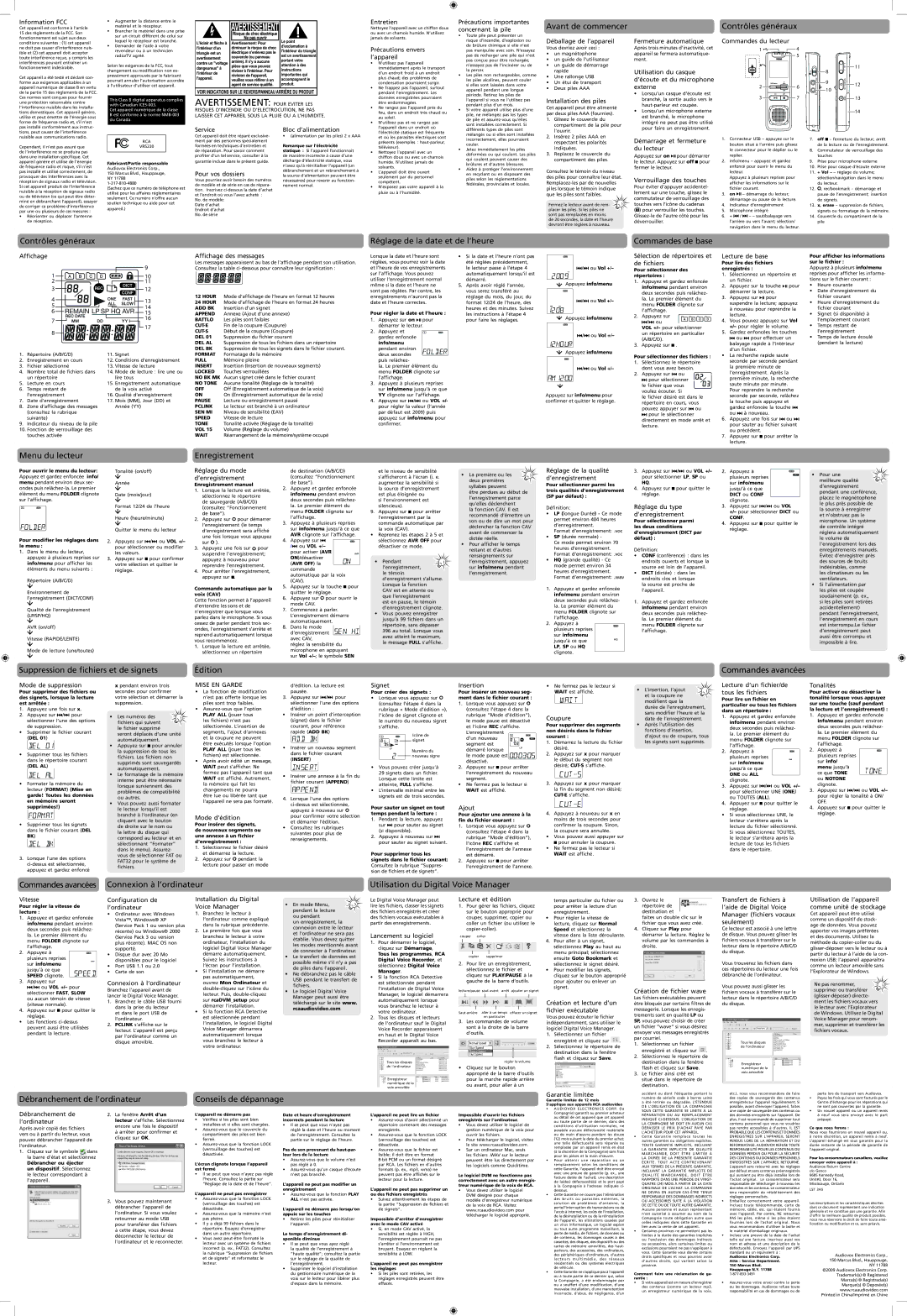 RCA VR5230 manual Information FCC, Service Bloc d’alimentation, Pour vos dossiers, Entretien, Précautions envers l’appareil 