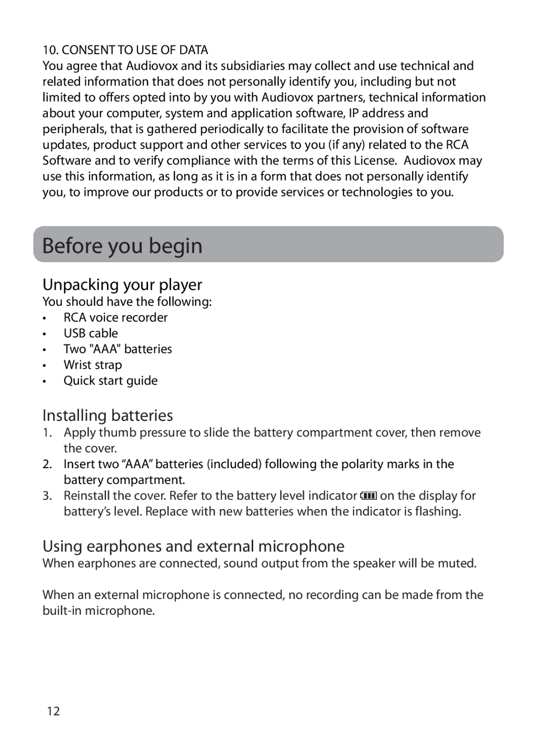 RCA VR5235 Before you begin, Unpacking your player, Installing batteries, Using earphones and external microphone 