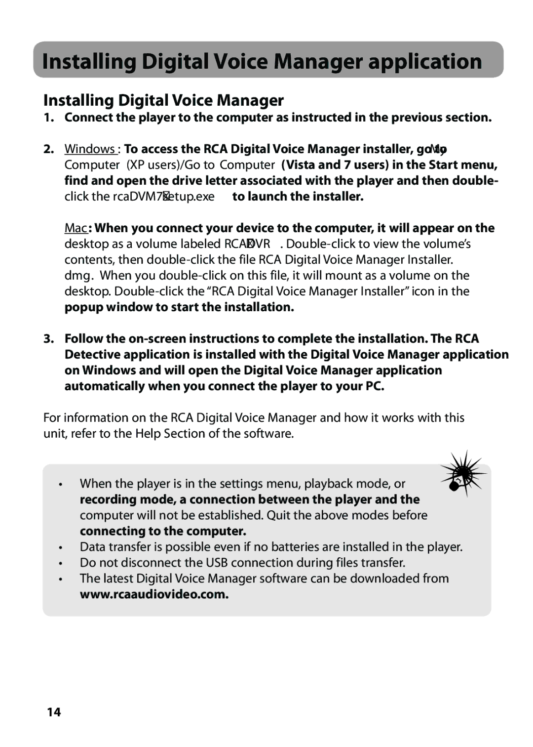 RCA VR5235 user manual Installing Digital Voice Manager application 