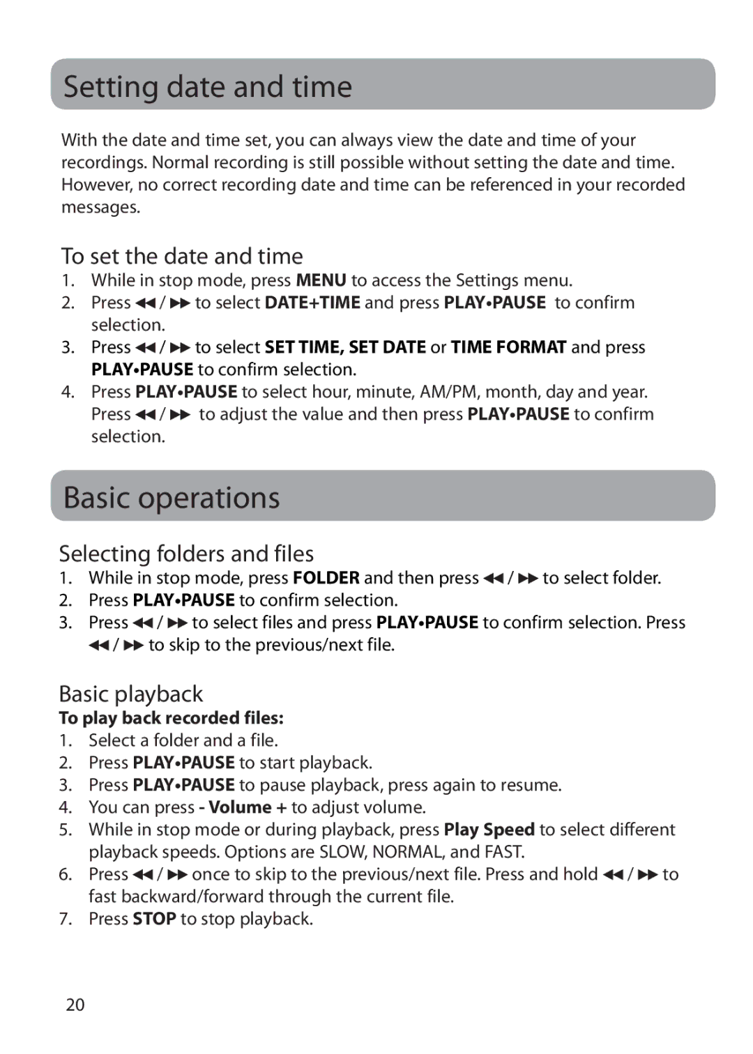 RCA VR5235 Setting date and time, Basic operations, To set the date and time, Selecting folders and files, Basic playback 