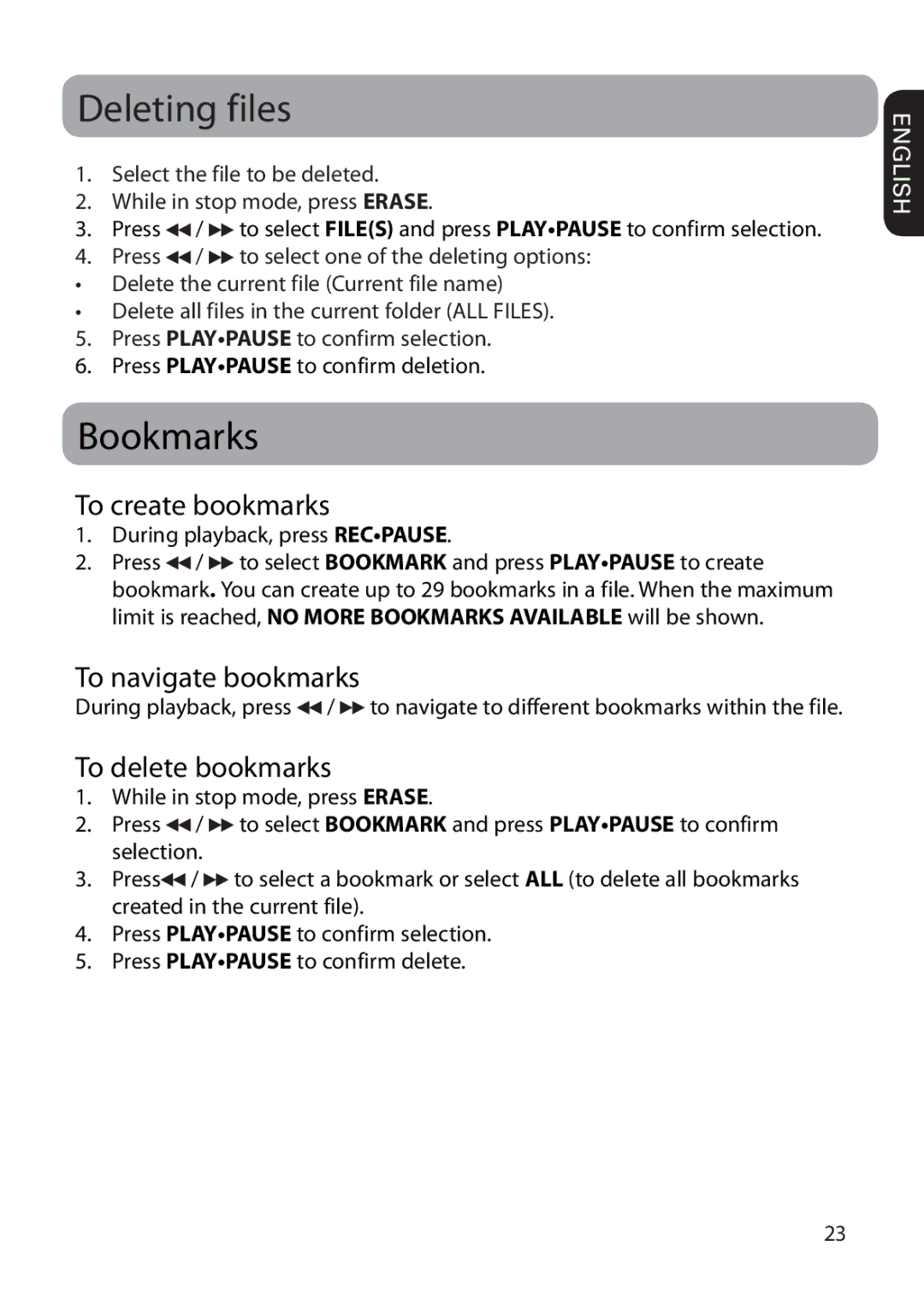 RCA VR5235 user manual Deleting files, Bookmarks, To create bookmarks, To navigate bookmarks, To delete bookmarks 