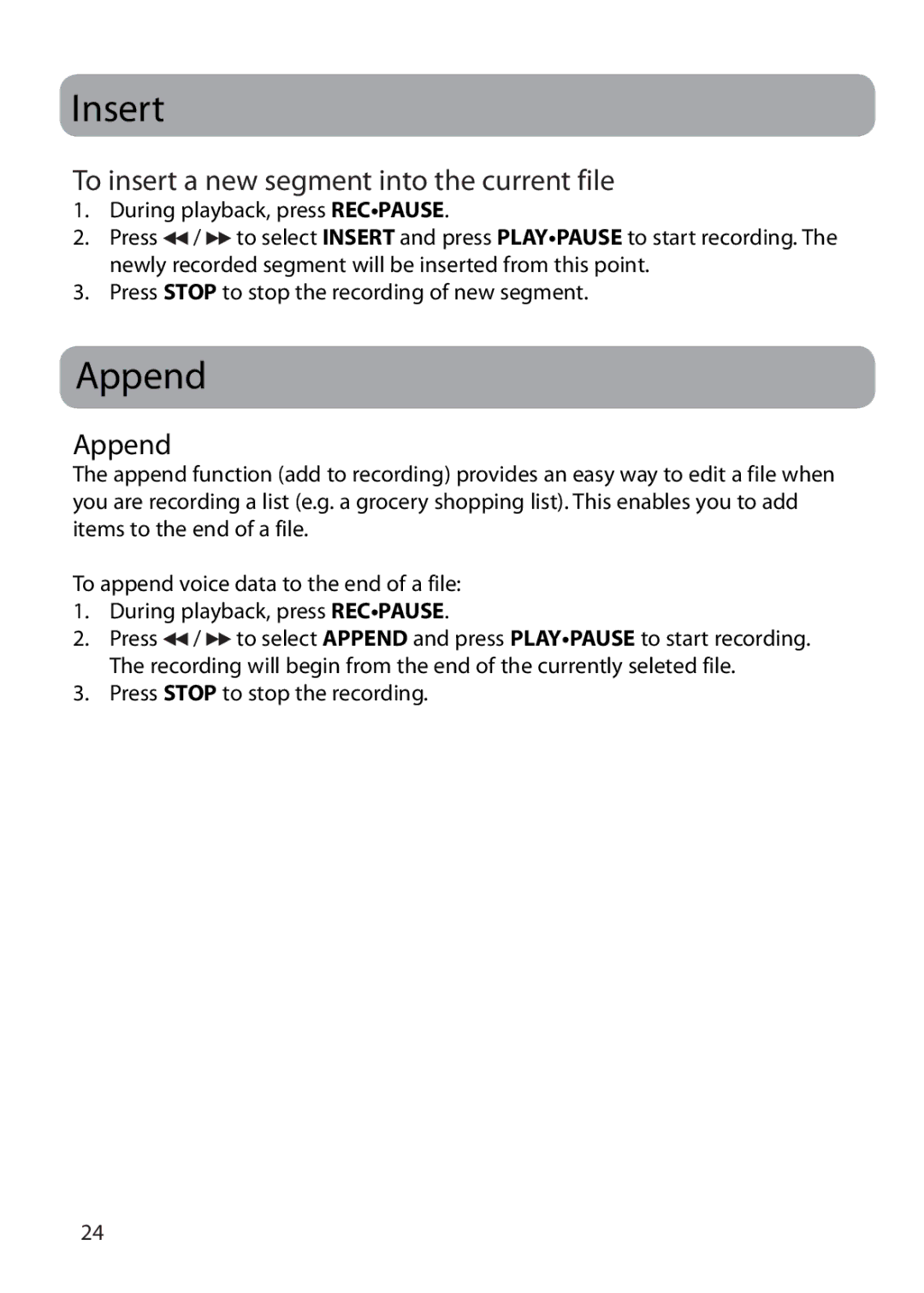 RCA VR5235 user manual Insert, Append, To insert a new segment into the current file 